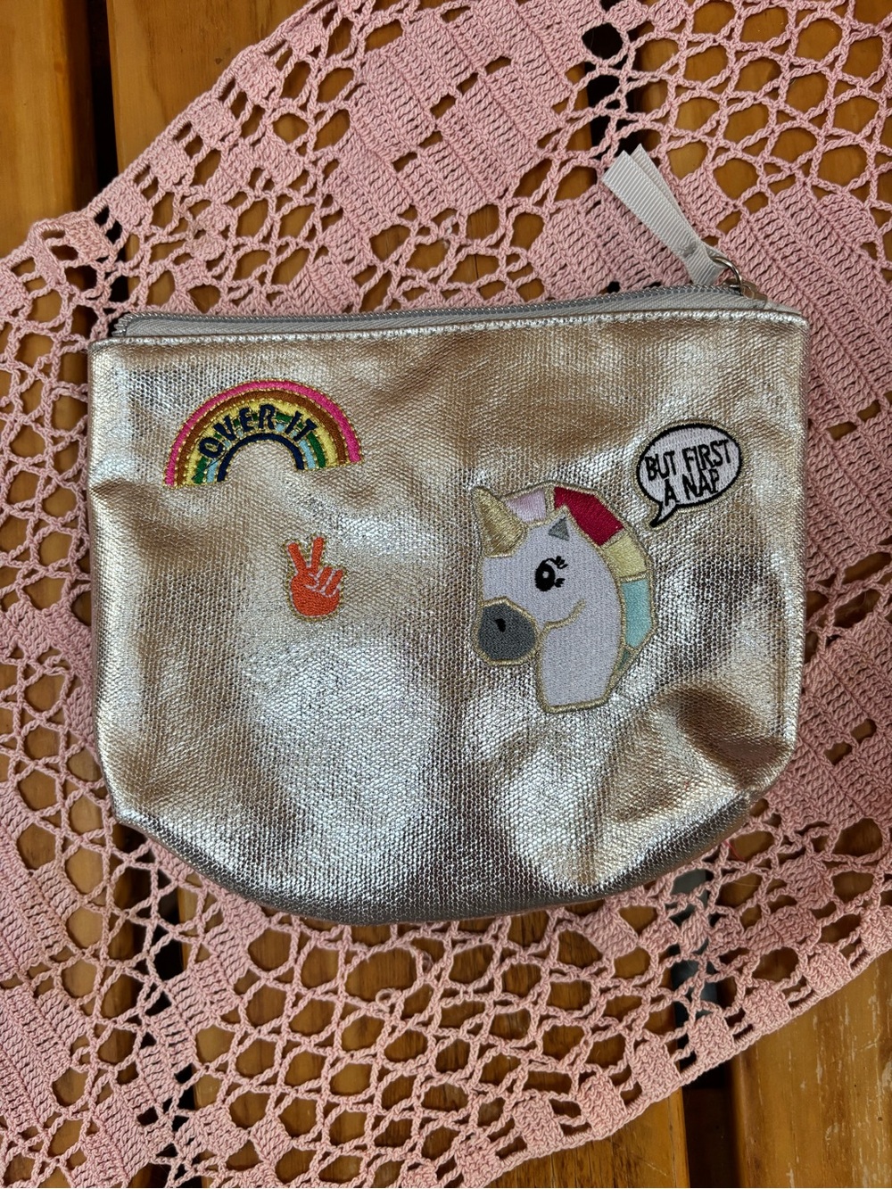 Y2K Vibes Metallic Silver Cosmetic Pouch with Fun Novelty Patches (7.5")